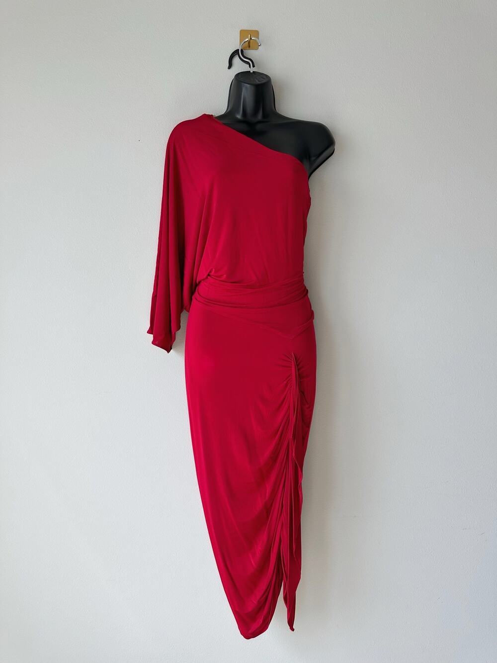 GUESS by Marciano One Shoulder Ruched Red Midi Dress Bodycon Batwing Size Small